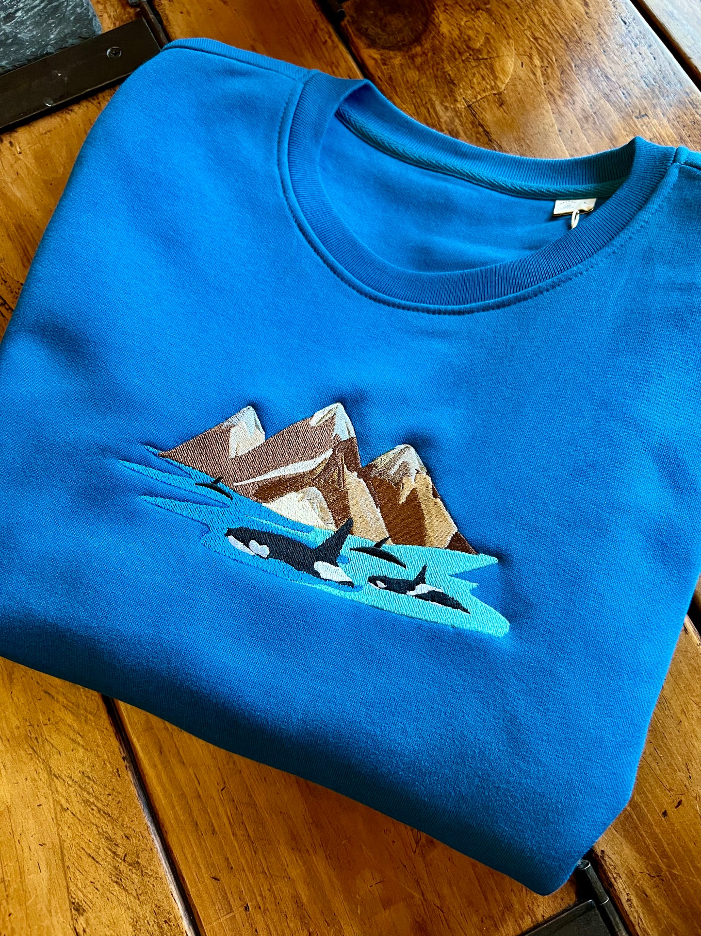 Orcas and Mountains Embroidered Organic Sapphire Blue Sweatshirt
