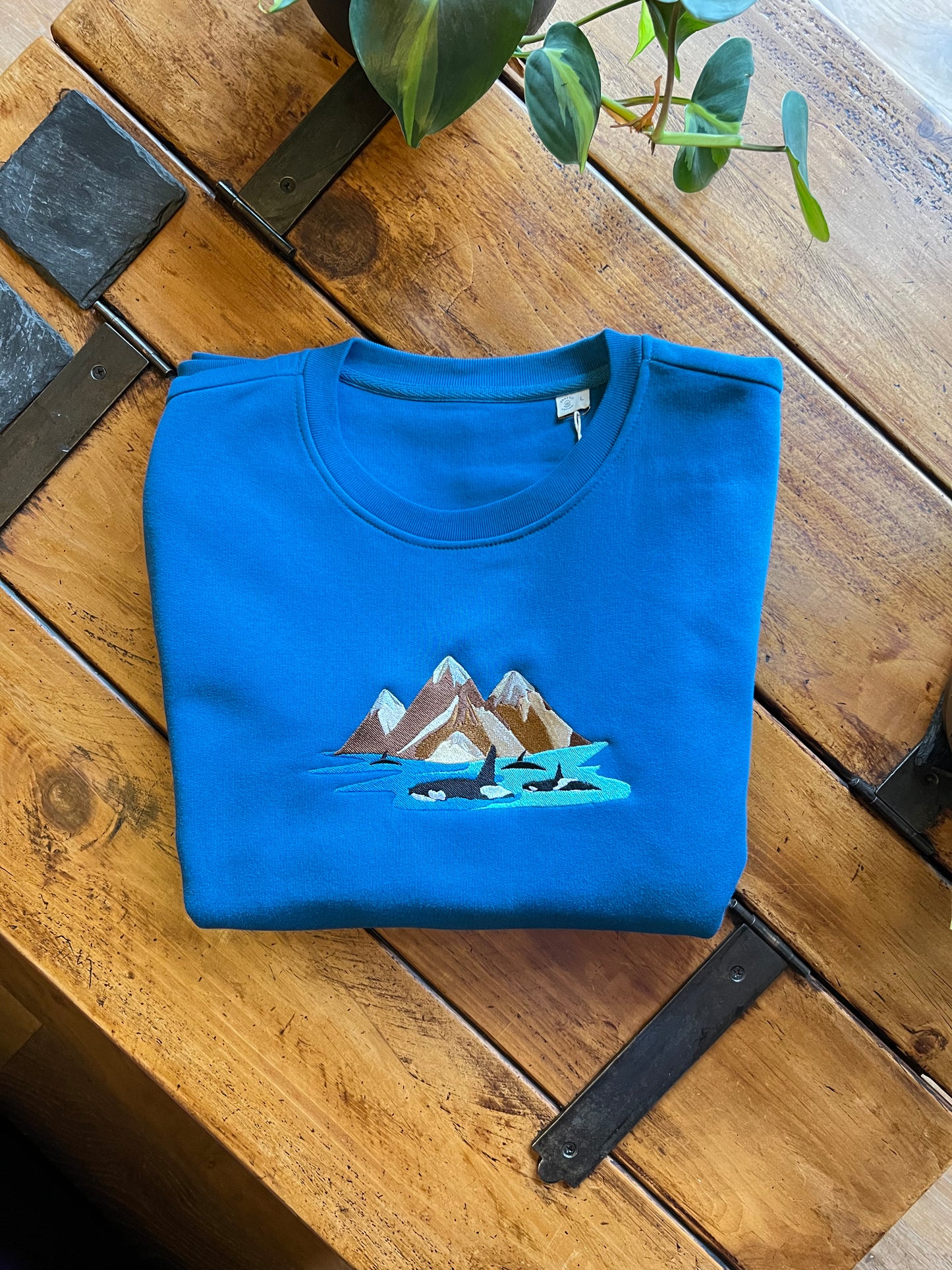 Orcas and Mountains Embroidered Organic Sapphire Blue Sweatshirt