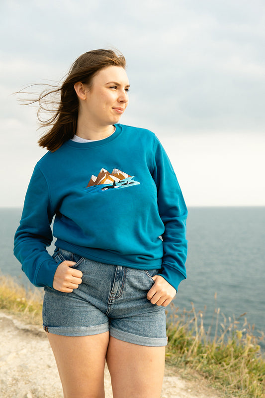 Orca's & Mountains Embroidered Organic Sapphire Blue Sweatshirt