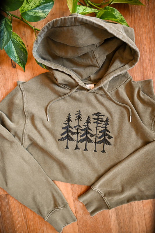 Khaki Vintage Trees Embroidered Hoodie