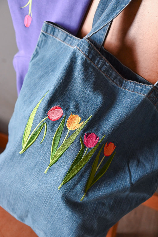 Large Detailed Tulips Embroidered Denim Shopper