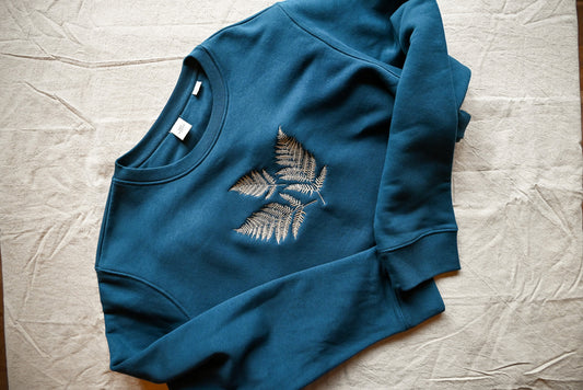 Fern Embroidered Peacock Blue Organic Cotton Sweatshirt