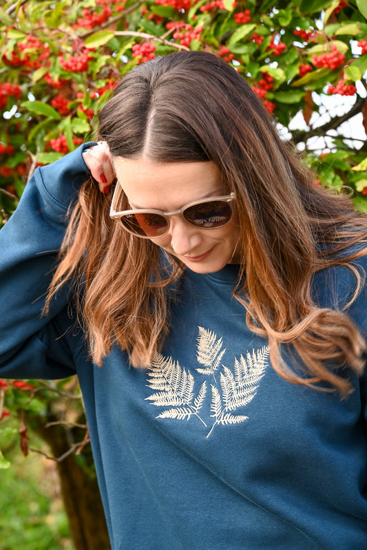 Fern Embroidered Peacock Blue Organic Cotton Sweatshirt