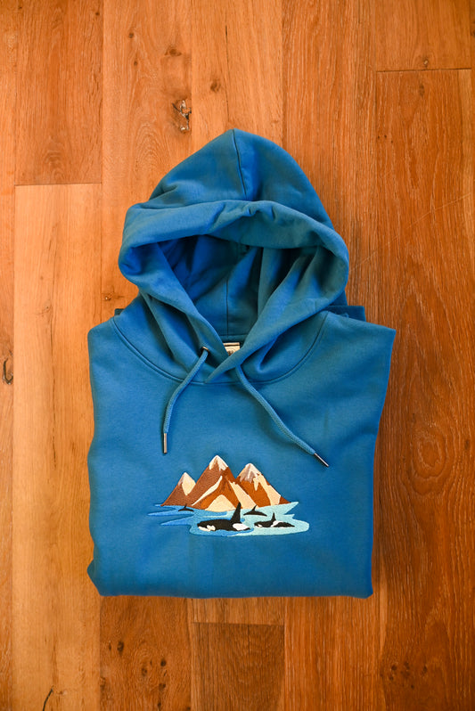 Orcas and Mountains Embroidered Organic Sapphire Blue Hoodie