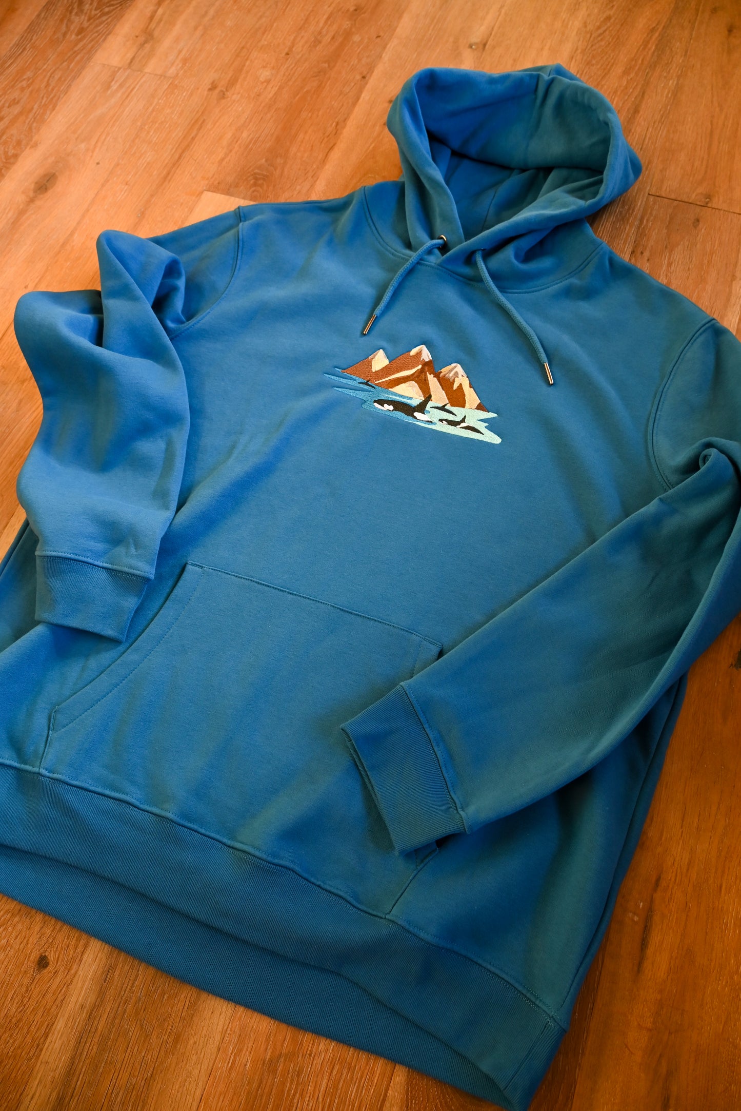 Orcas and Mountains Embroidered Organic Sapphire Blue Hoodie