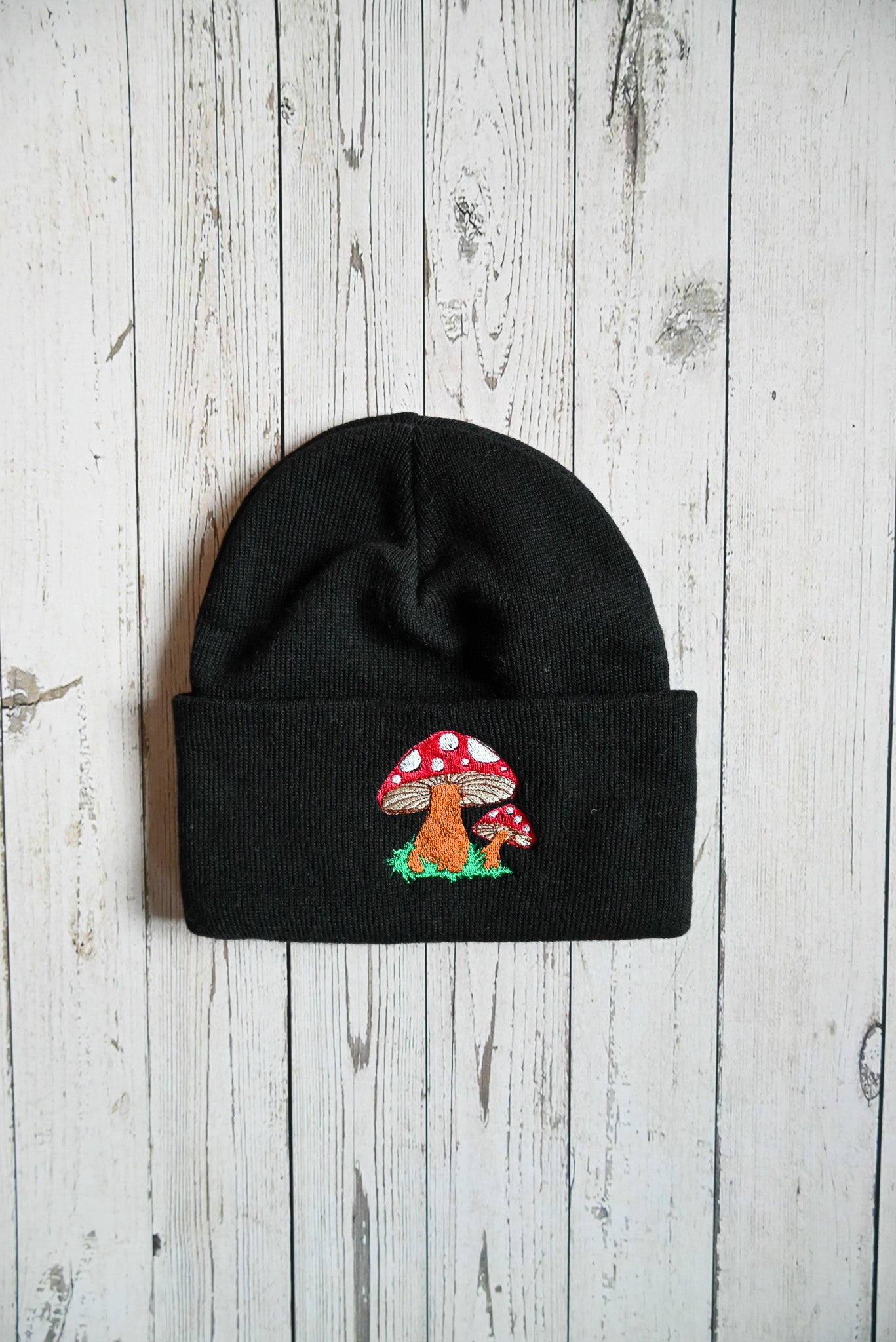 Fungi Black Embroidered Beanie Hat
