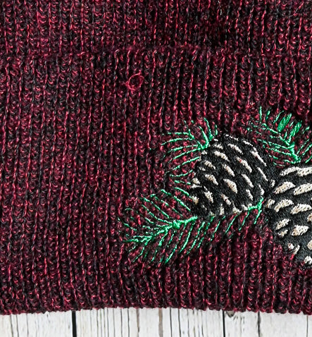 Pinecones Burgundy/Black Embroidered Beanie Hat