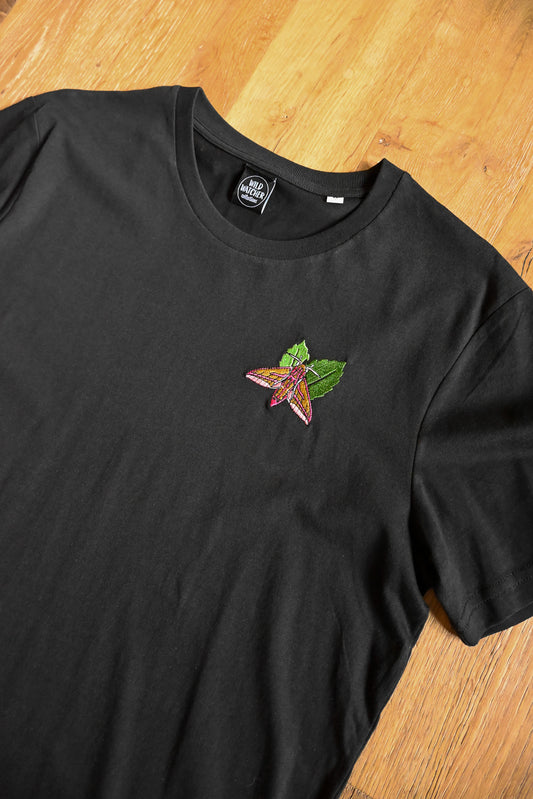 SIZE M UK 12-14 Elephant Hawk Moth Black Embroidered Unisex Organic Cotton T-shirts