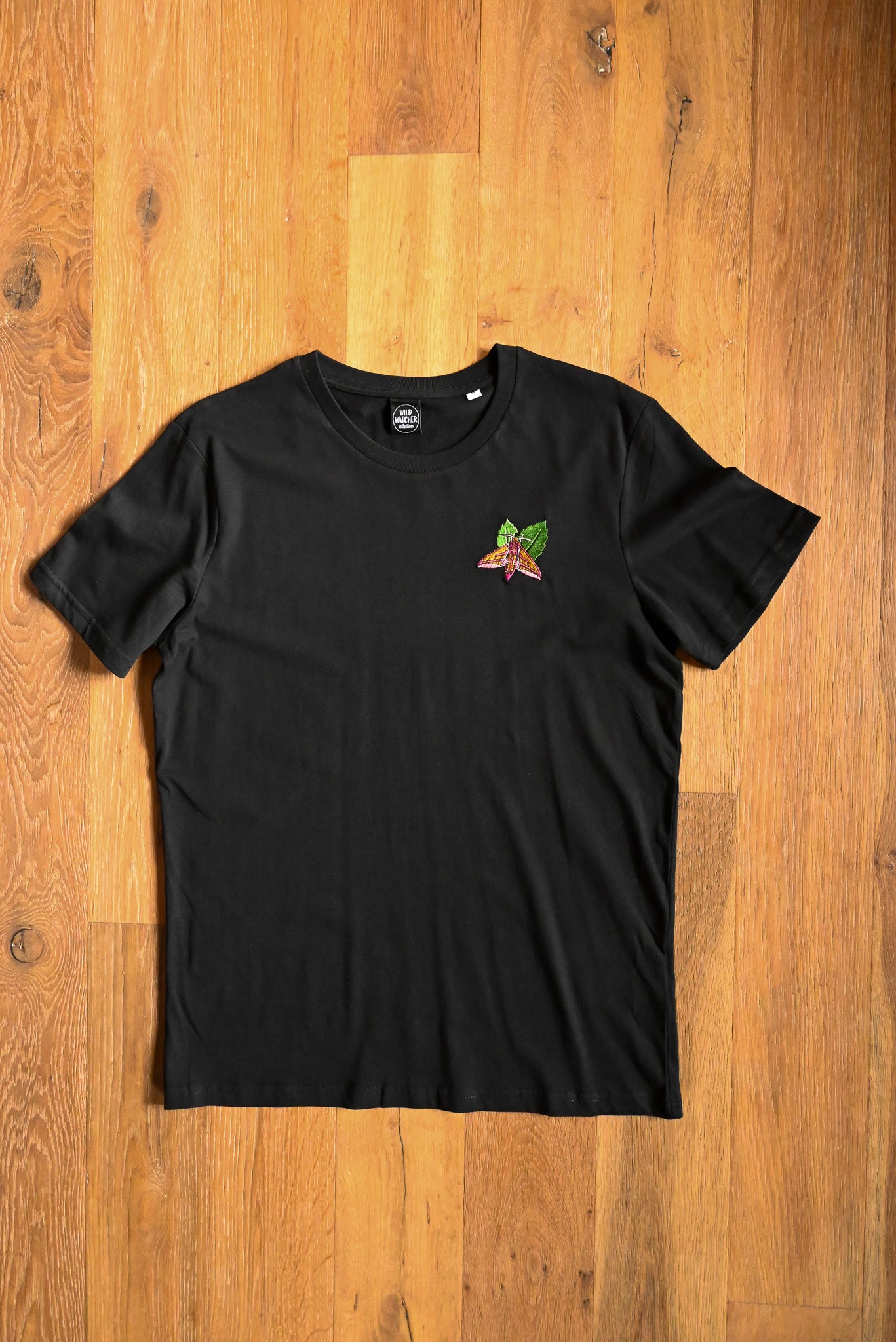 SIZE M UK 12-14 Elephant Hawk Moth Black Embroidered Unisex Organic Cotton T-shirts
