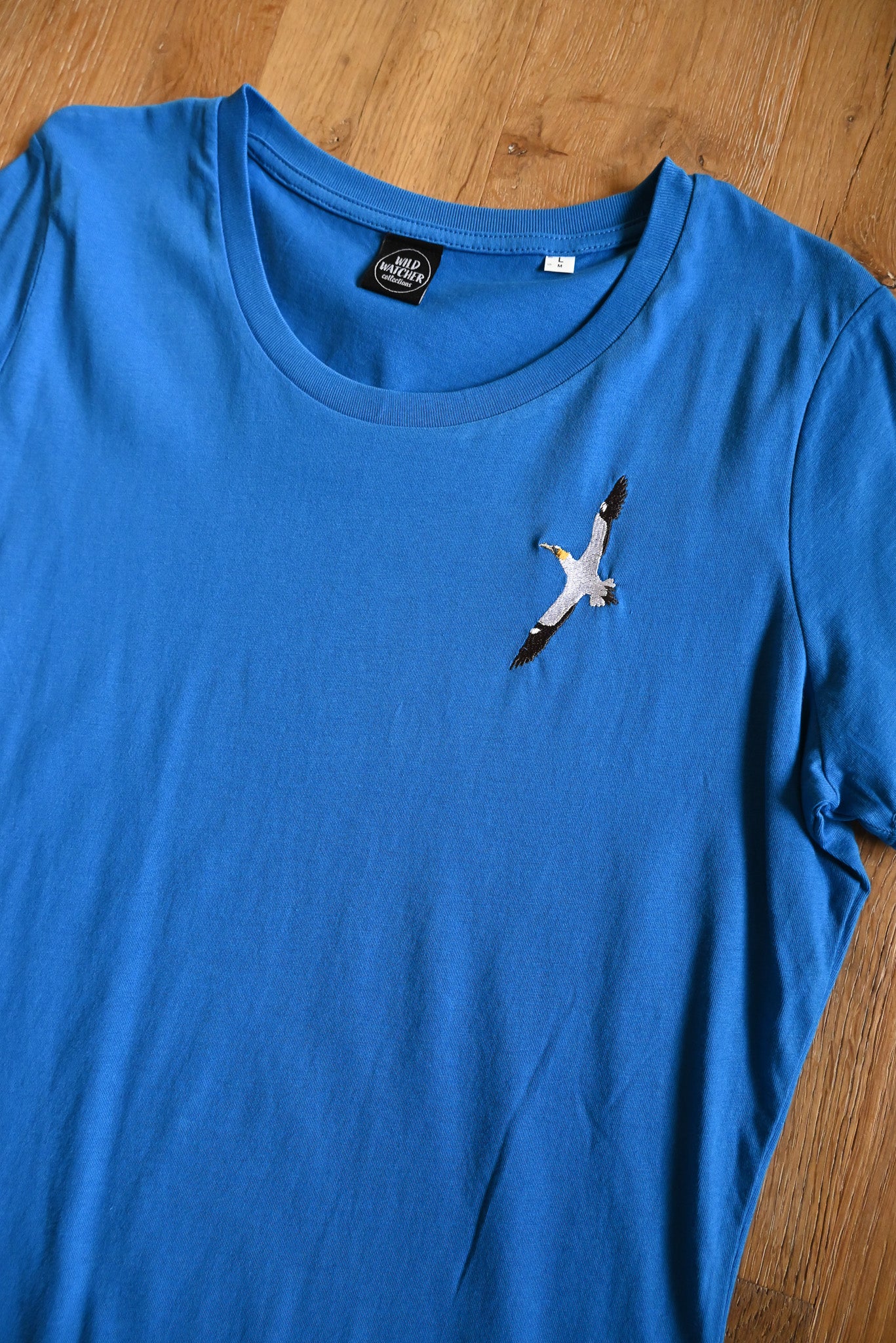 SIZE L UK 14-16 Ladies Fitted Flying Gannet Embroidered Organic Cotton T-shirt