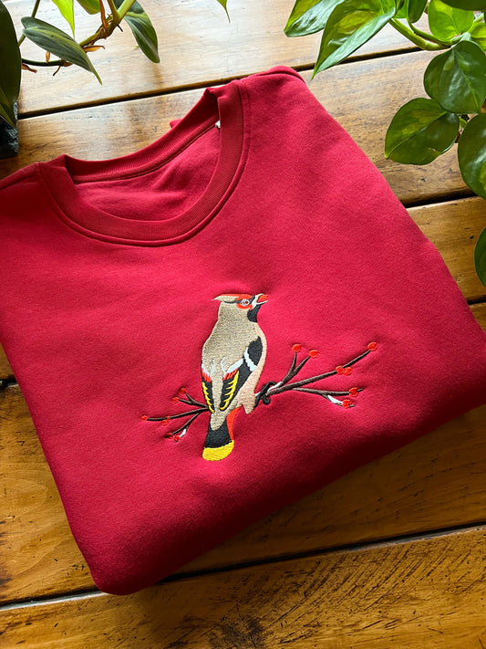 Waxwing Embroidered Cherry Red Sweatshirt