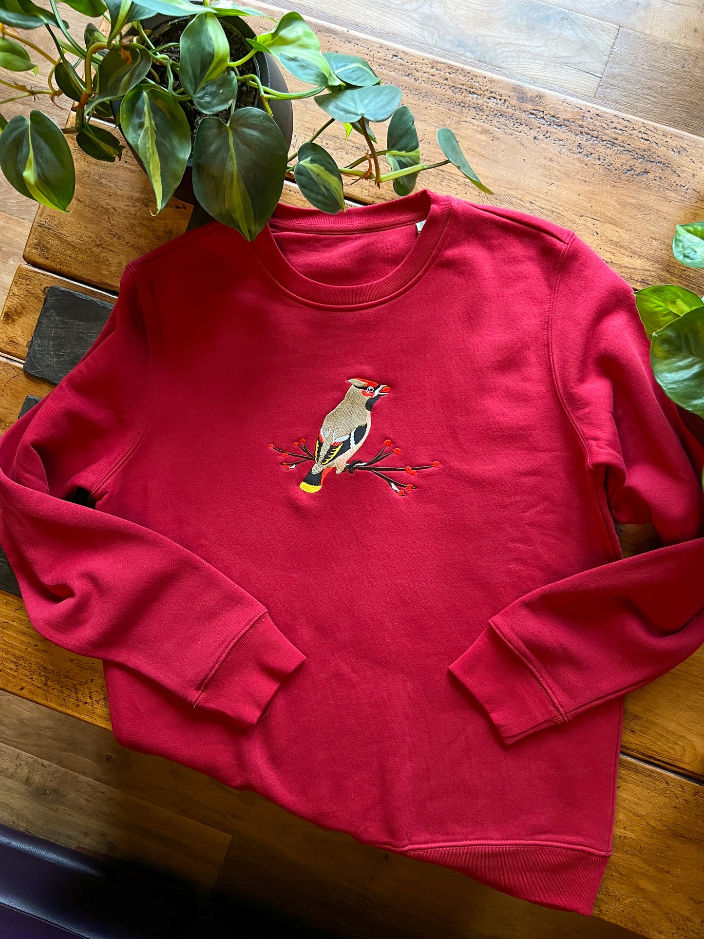 Waxwing Embroidered Cherry Red Sweatshirt