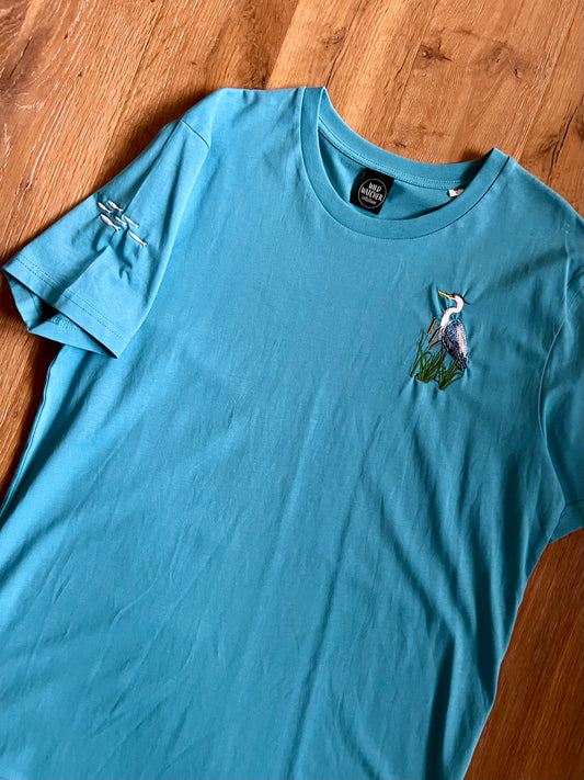 SIZE M UK 12-14 Heron and Fish Embroidered Organic Cotton T-shirt